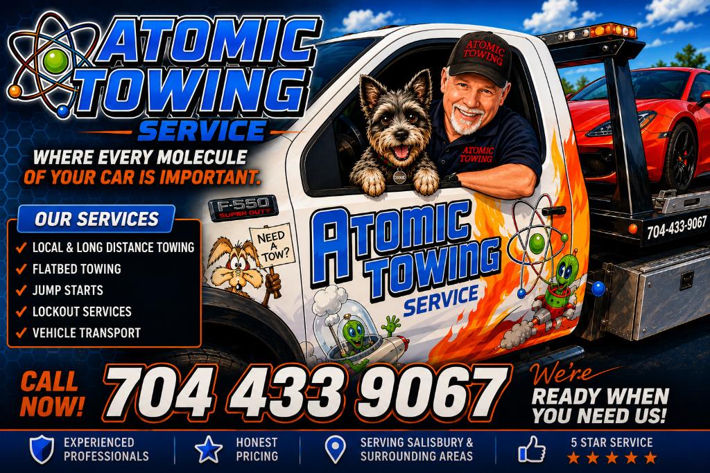 Bright tow-truck advertisement for Atomic Towing Service showing a smiling man and a dog in the cab, bold logo, slogan, and phone number 704-433-9067 with a services list including local/long-distance towing and jump starts.