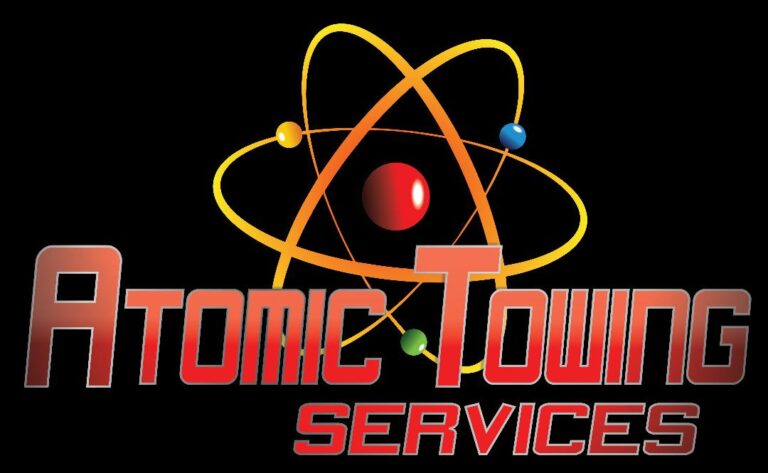 Company logo for Atomic Towing Services with an orange-yellow atomic symbol above a red gradient wordmark on a black background.