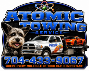 Atomic Towing Service logo featuring a smiling dog, a white tow truck, and an orange sports car on a trailer with the contact number 704-433-9067.