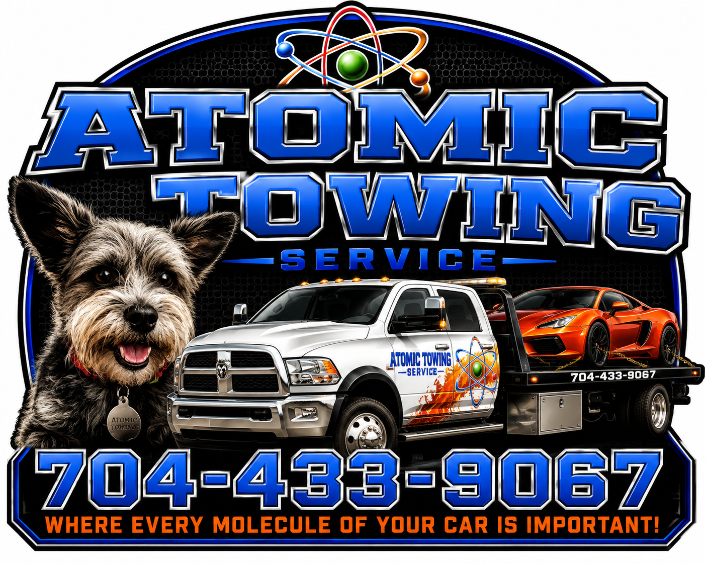 Atomic Towing Service logo featuring a smiling dog, a white tow truck, and an orange sports car on a trailer with the contact number 704-433-9067.